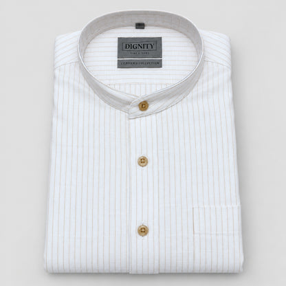 Off-White Pinstripe Linen Shirt for Men – Mandarin Collar & Beige-Gold Details