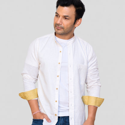 Off-White Pinstripe Linen Shirt for Men – Mandarin Collar & Beige-Gold Details