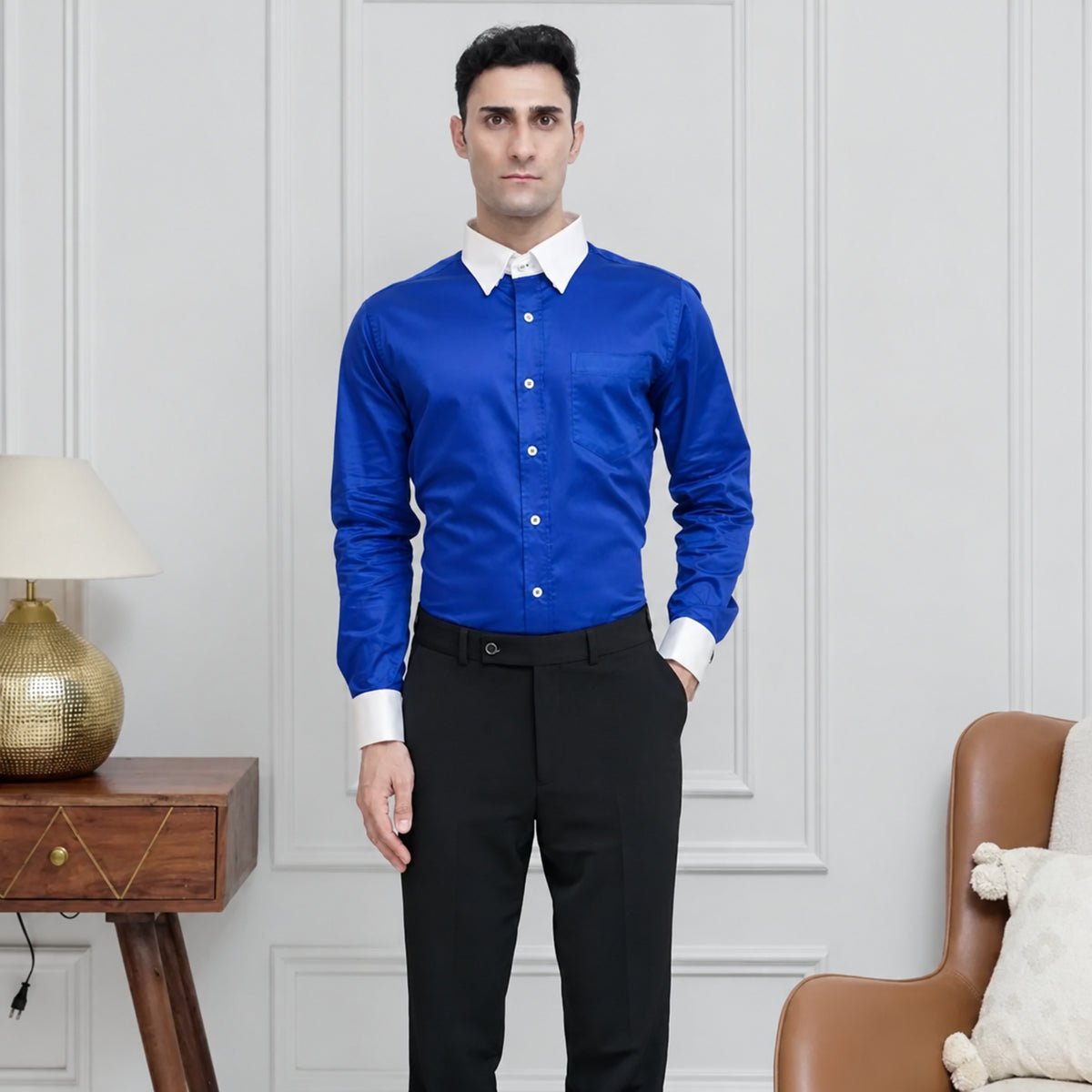 Royal Blue Cotton Satin Formal Shirt for Men – White Contrast Collar & French Cuffs