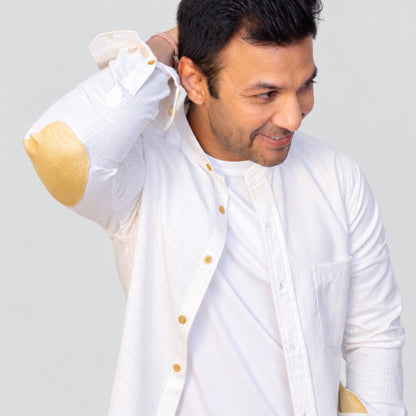 Off-White Pinstripe Linen Shirt for Men – Mandarin Collar & Beige-Gold Details