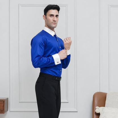 Royal Blue Cotton Satin Formal Shirt for Men – White Contrast Collar & French Cuffs