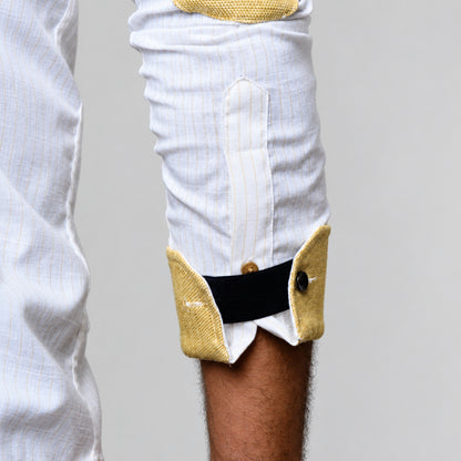 Off-White Pinstripe Linen Shirt for Men – Mandarin Collar & Beige-Gold Details