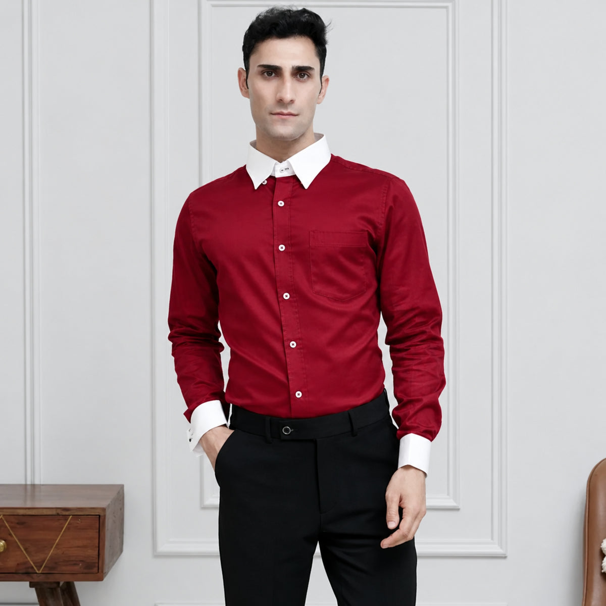 Maroon Cotton Satin Formal Shirt for Men – White Contrast Collar & French Cuffs