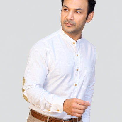 Off-White Pinstripe Linen Shirt for Men – Mandarin Collar & Beige-Gold Details