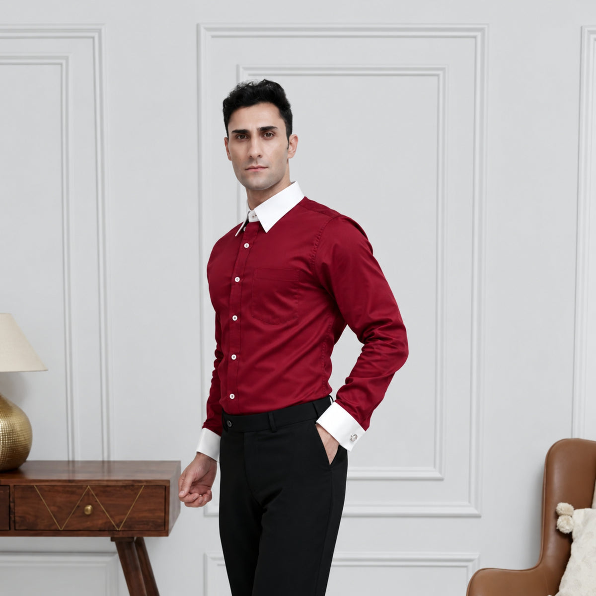 Maroon Cotton Satin Formal Shirt for Men – White Contrast Collar & French Cuffs