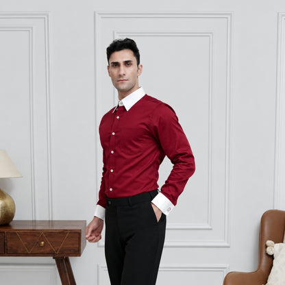 Maroon Cotton Satin Formal Shirt for Men – White Contrast Collar & French Cuffs