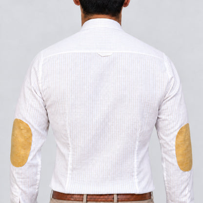 Off-White Pinstripe Linen Shirt for Men – Mandarin Collar & Beige-Gold Details