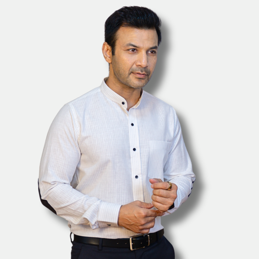White Pinstripe Linen Shirt for Men – Mandarin Collar & Black Contrast Details