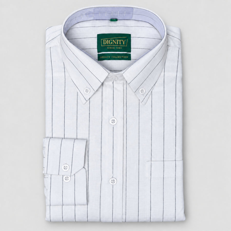 Black Chalk Stripe Linen Blend Formal Shirt for Men – Concealed Button-Down Collar & Single Barrel Cuffs
