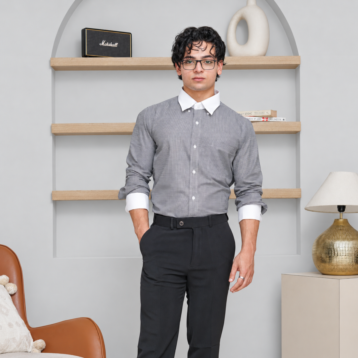 Black Check Formal Shirt for Men – White Contrast Collar & French Cuffs