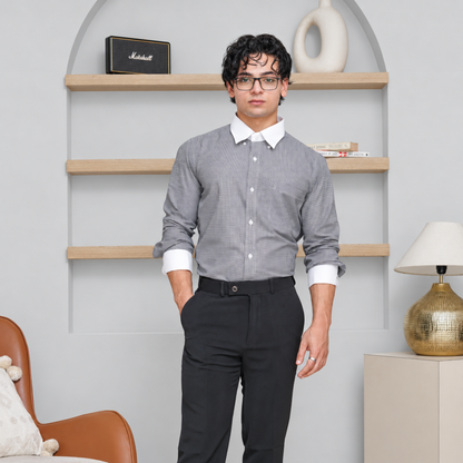 Black Check Formal Shirt for Men – White Contrast Collar & French Cuffs