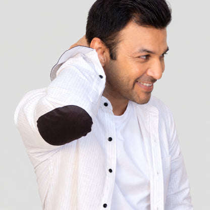White Pinstripe Linen Shirt for Men – Mandarin Collar & Black Contrast Details