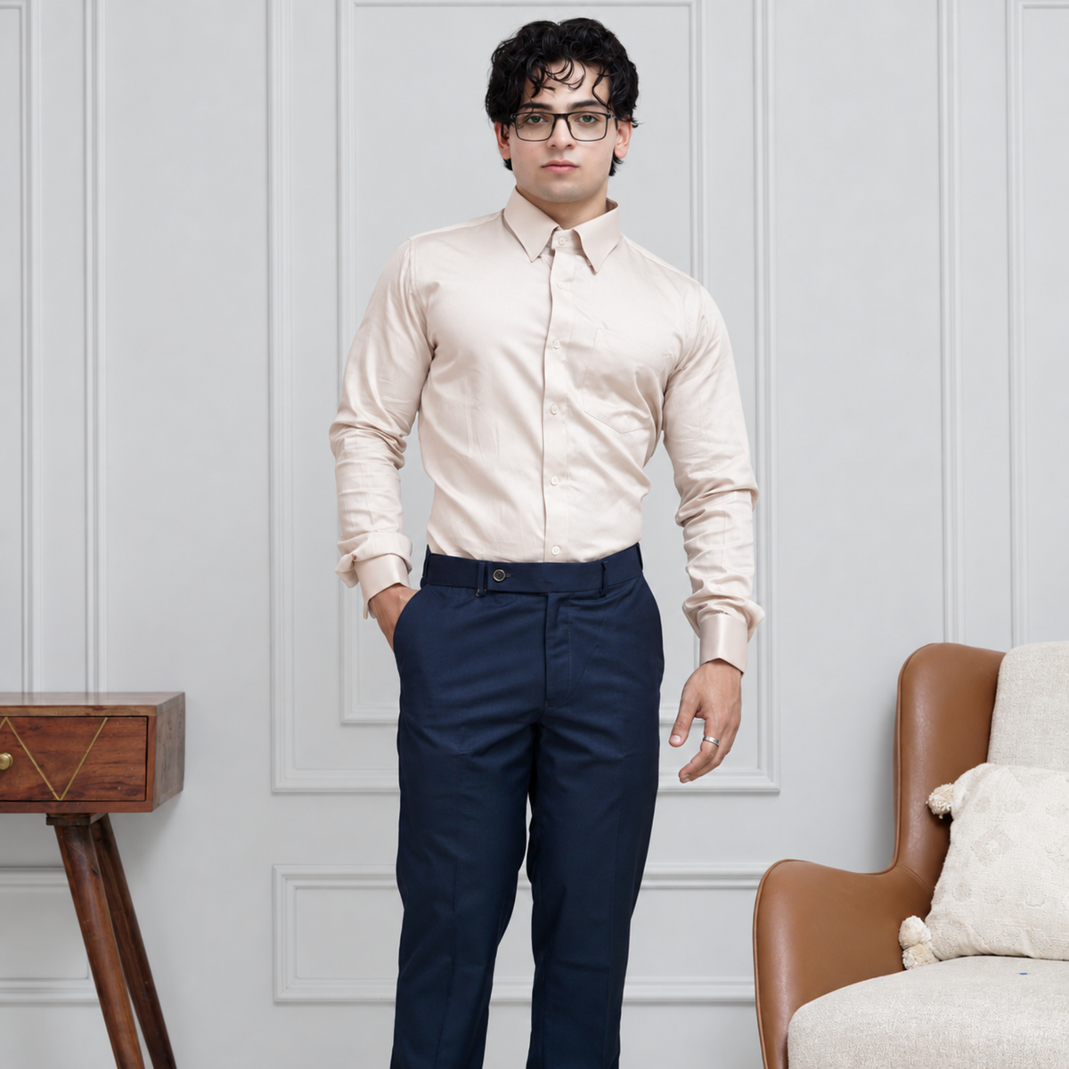 Beige Cotton Satin Formal Shirt for Men – French Cuffs