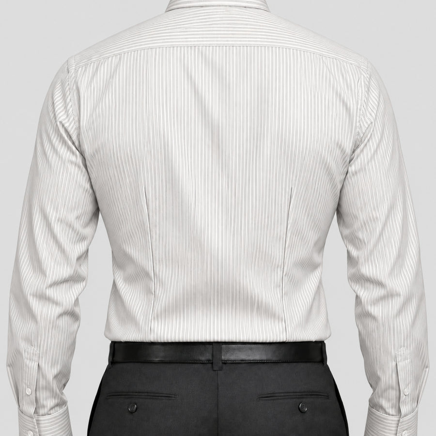 Grey Stripe Cotton Blend Formal Shirt for Men – Concealed Button-Down Collar & Single Barrel Cuffs