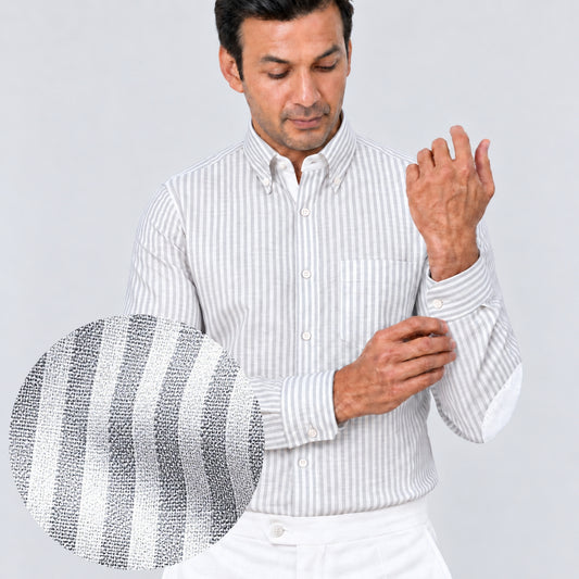 Grey Striped Linen Shirt for Men – White Contrast Button-Down Collar