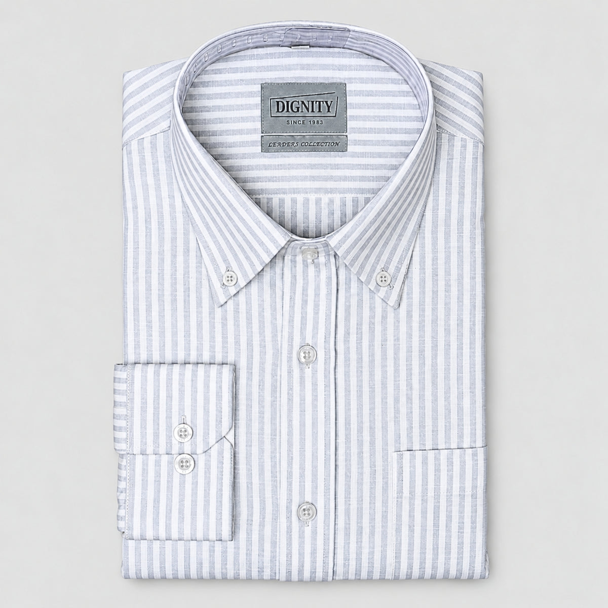 Grey Striped Linen Shirt for Men – White Contrast Button-Down Collar