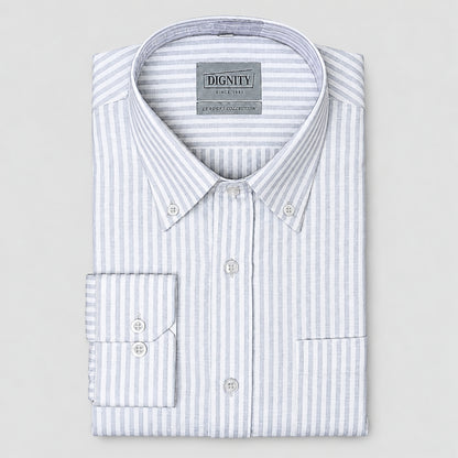Grey Striped Linen Shirt for Men – White Contrast Button-Down Collar