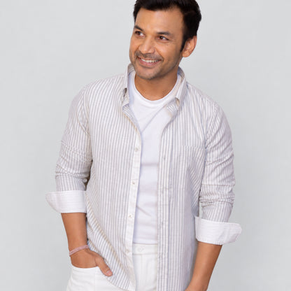 Grey Striped Linen Shirt for Men – White Contrast Button-Down Collar