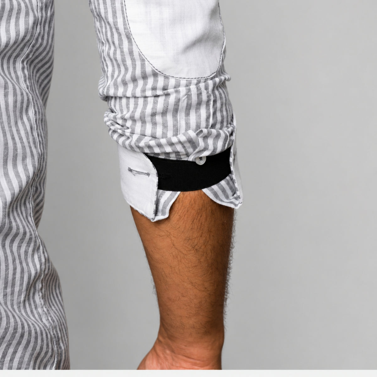Grey Striped Linen Shirt for Men – White Contrast Button-Down Collar