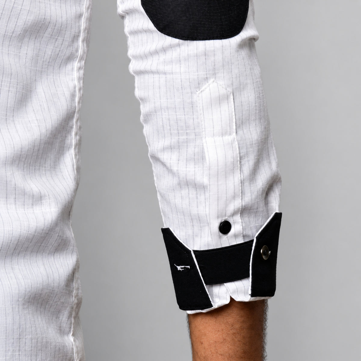 White Pinstripe Linen Shirt for Men – Mandarin Collar & Black Contrast Details
