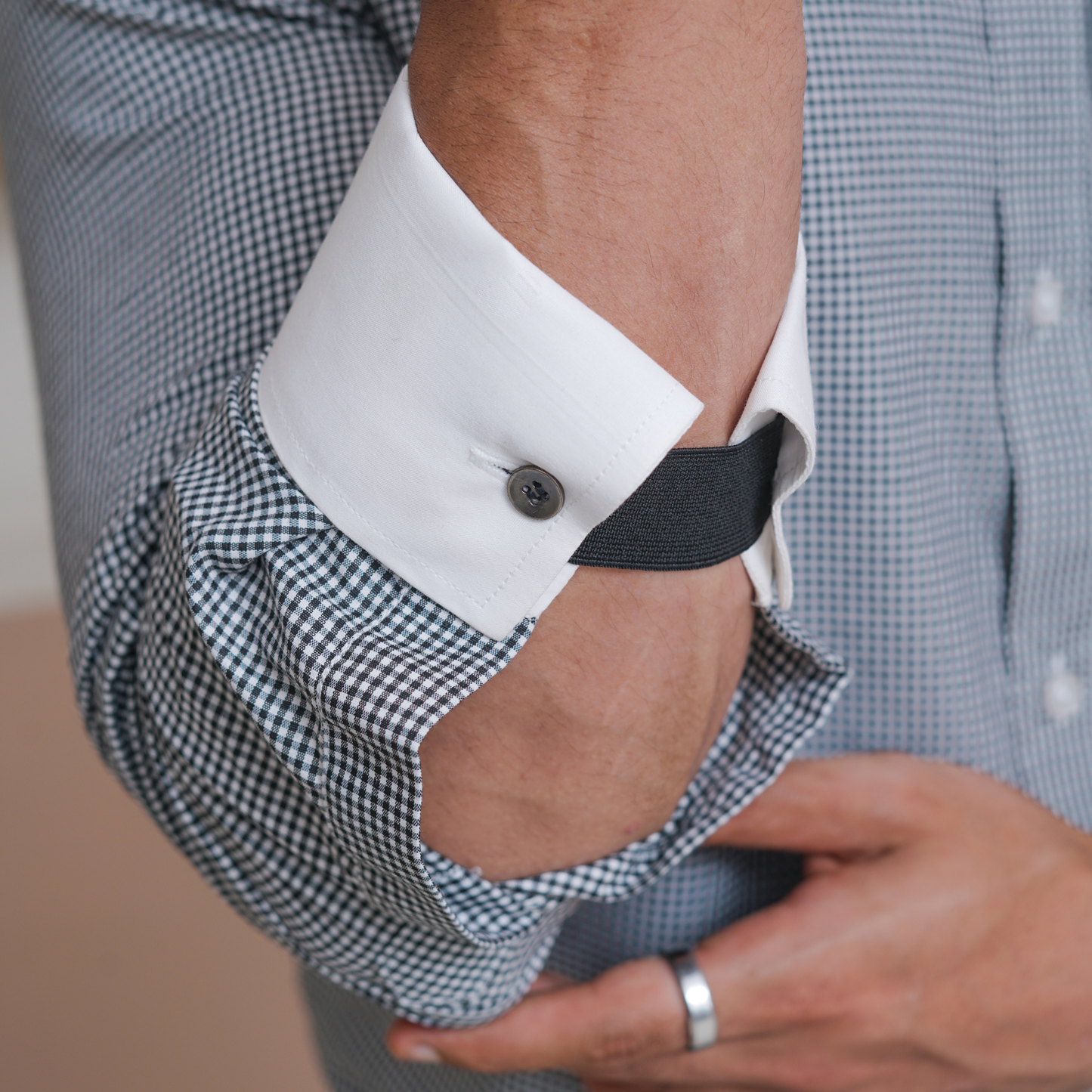 Black & White Micro-Check French Cuff Formal Shirt with White Contrast Collar