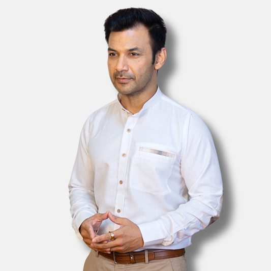 White Linen Shirt for Men – Mandarin Collar & Brown Check Contrast Details