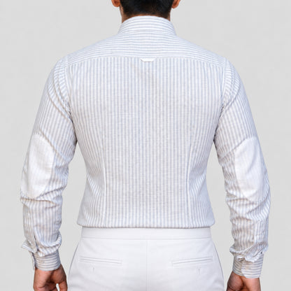 Grey Striped Linen Shirt for Men – White Contrast Button-Down Collar