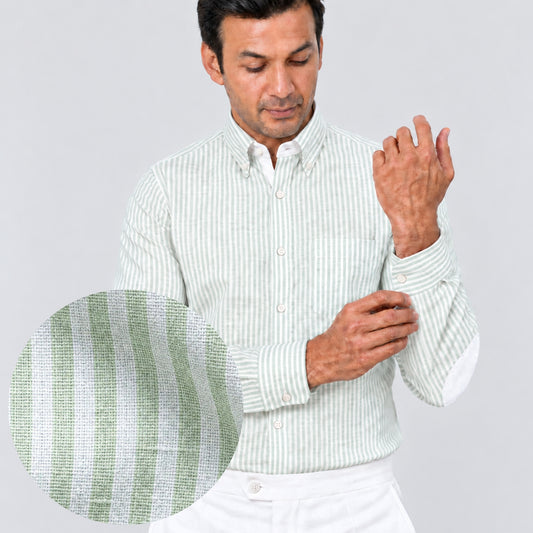 Light Green Striped Linen Shirt for Men – White Contrast Button-Down Collar