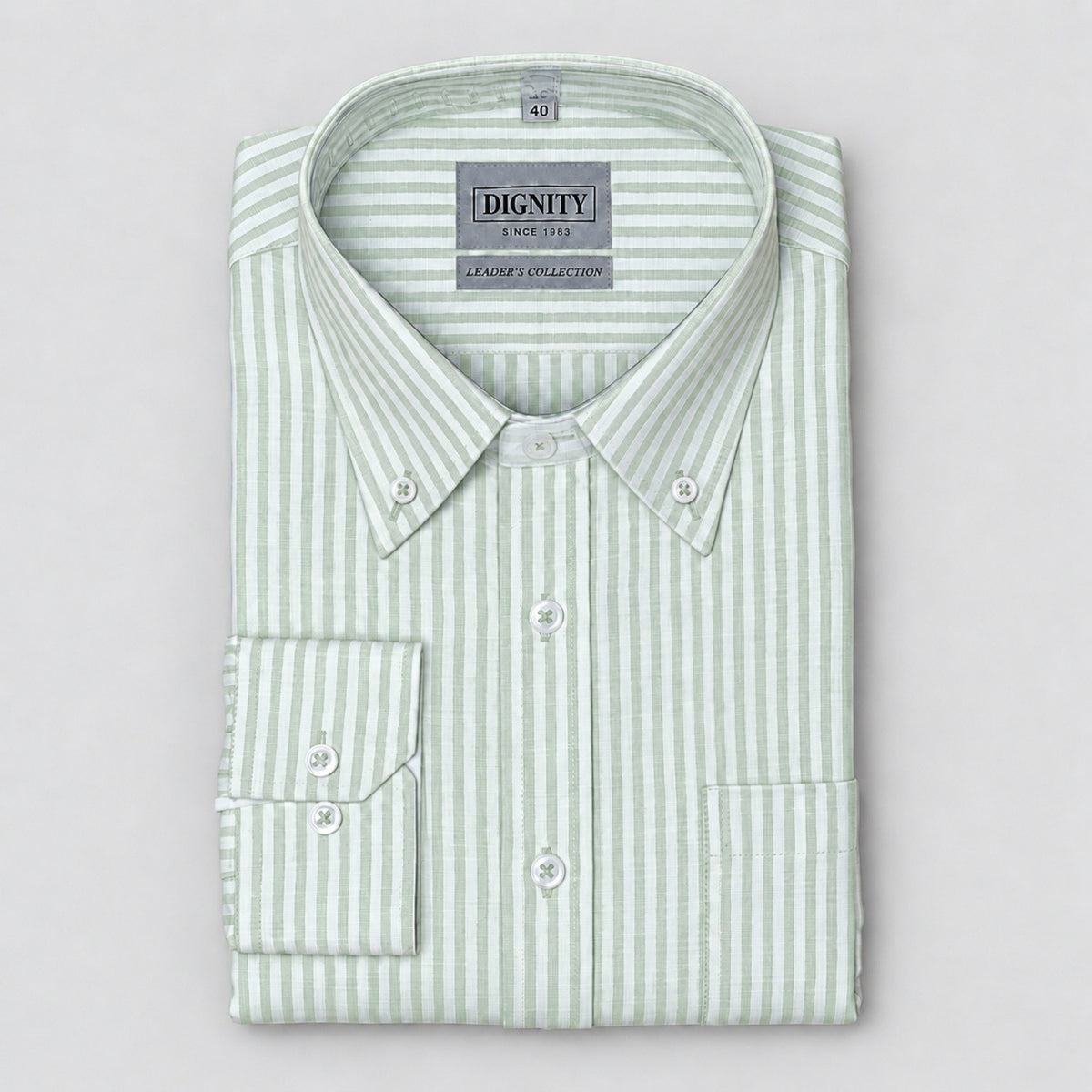 Light Green Striped Linen Shirt for Men – White Contrast Button-Down Collar