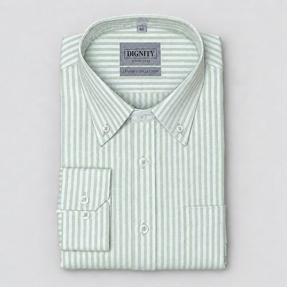 Light Green Striped Linen Shirt for Men – White Contrast Button-Down Collar