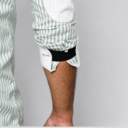 Light Green Striped Linen Shirt for Men – White Contrast Button-Down Collar