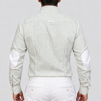 Light Green Striped Linen Shirt for Men – White Contrast Button-Down Collar