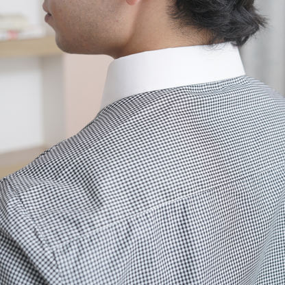 Black & White Micro-Check French Cuff Formal Shirt with White Contrast Collar