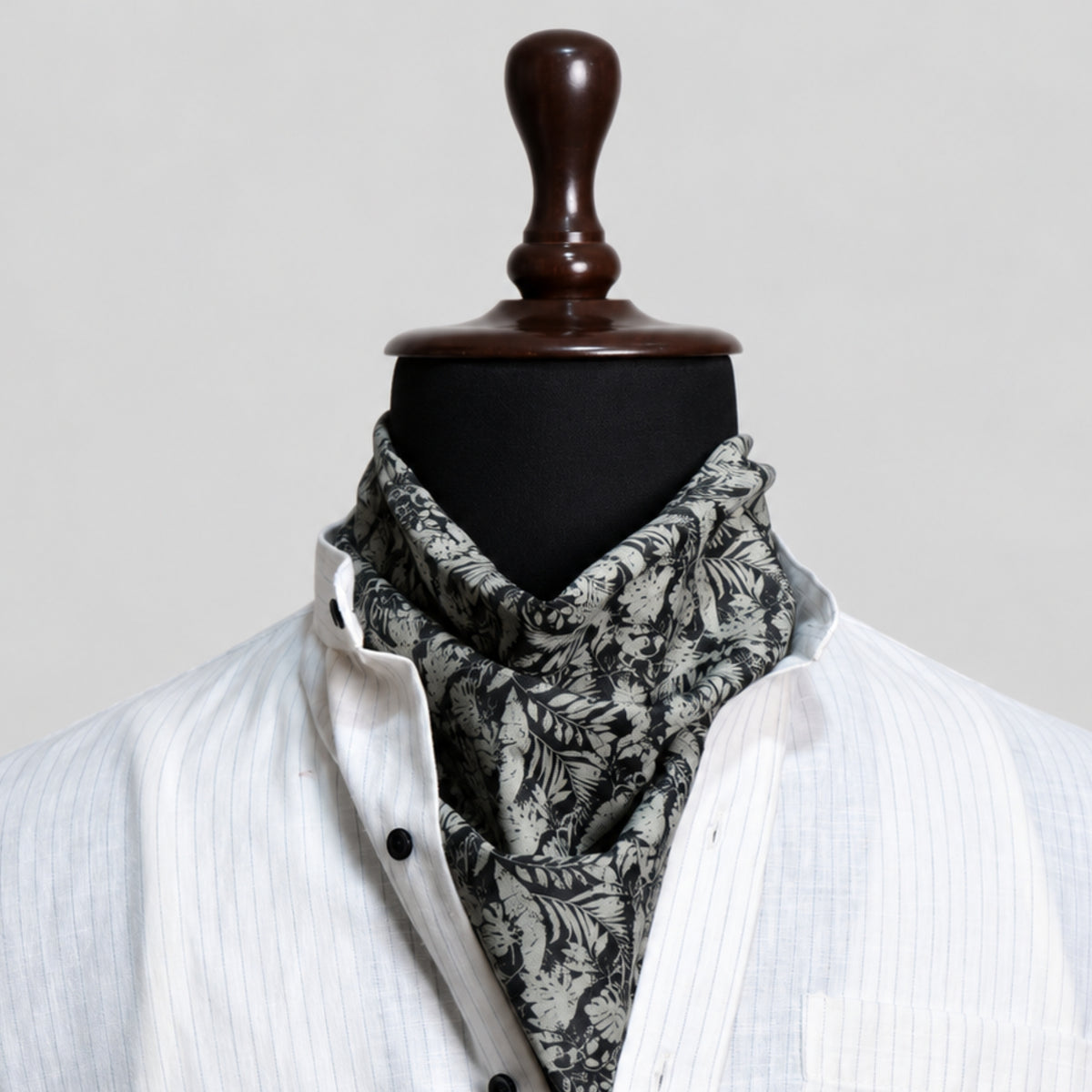 White Pinstripe Linen Shirt for Men – Mandarin Collar & Black Contrast Details