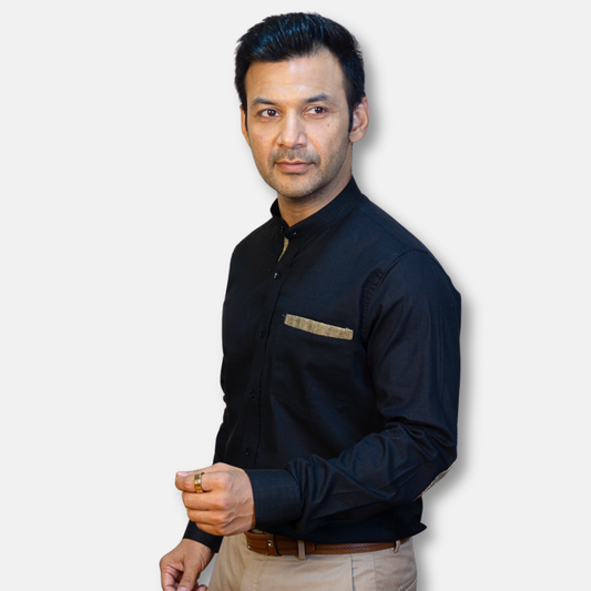 Black Linen Shirt for Men – Mandarin Collar & Brown Contrast Details
