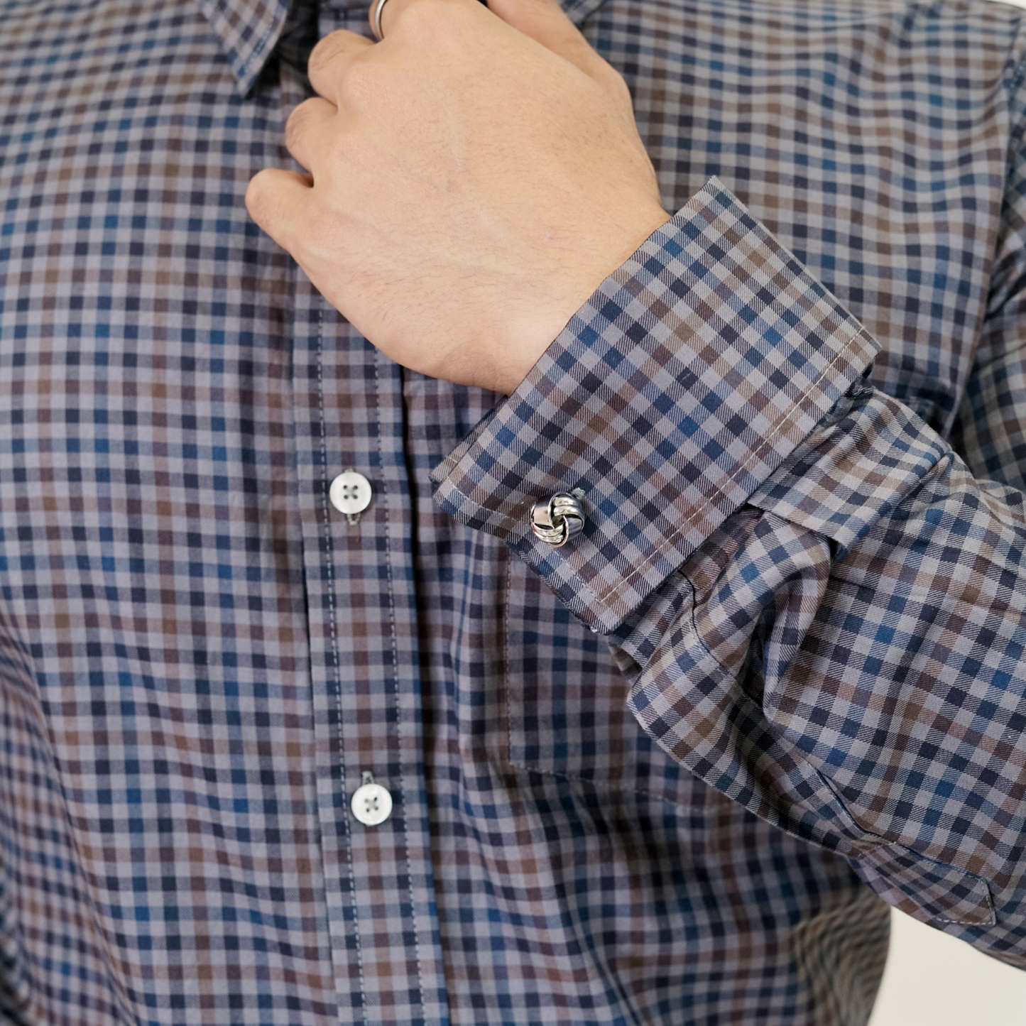 Blue & Brown Micro-Check Premium Luxury Giza Cotton - French Cuff