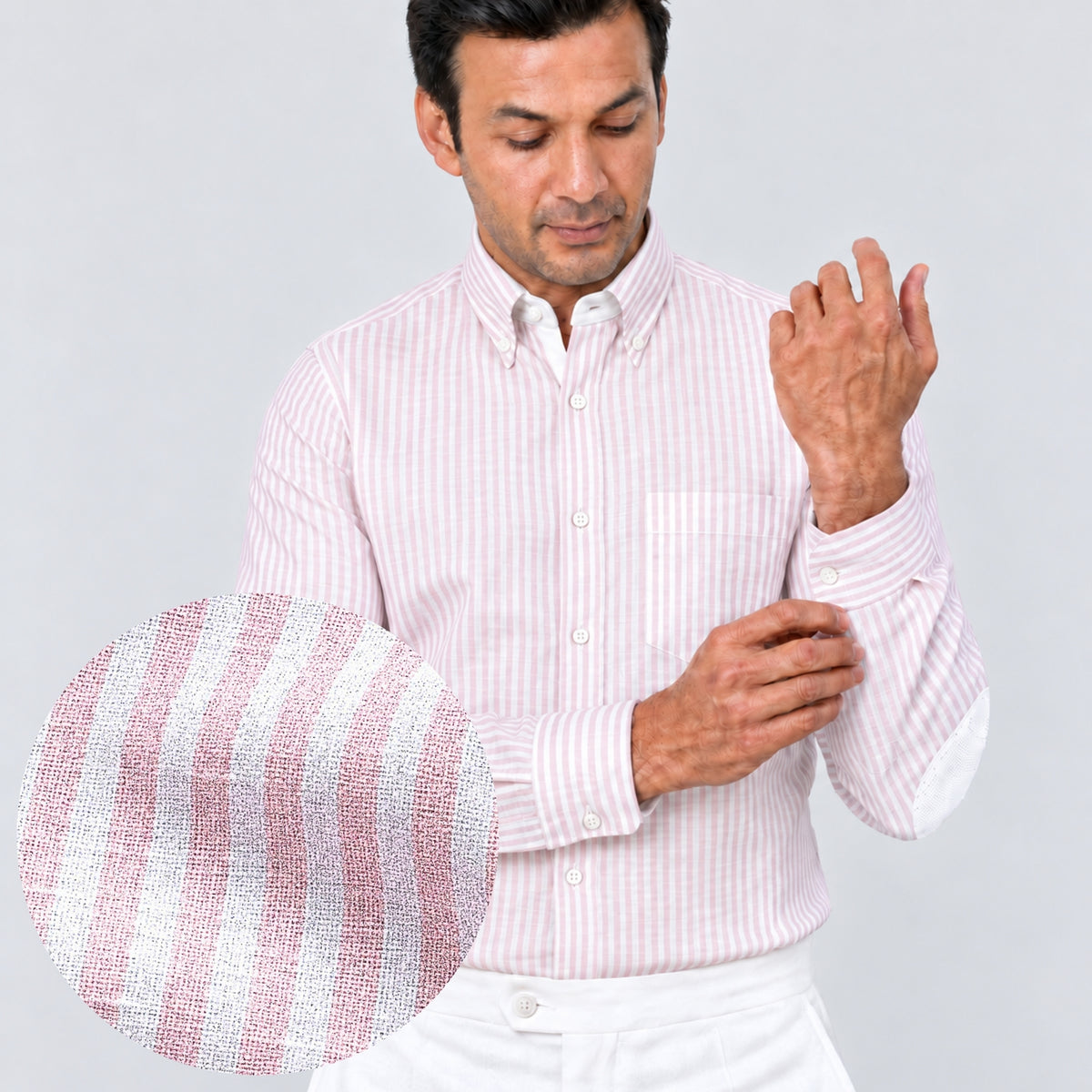 Pink Striped Linen Shirt for Men – White Contrast Button-Down Collar