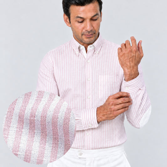 Pink Striped Linen Shirt for Men – White Contrast Button-Down Collar