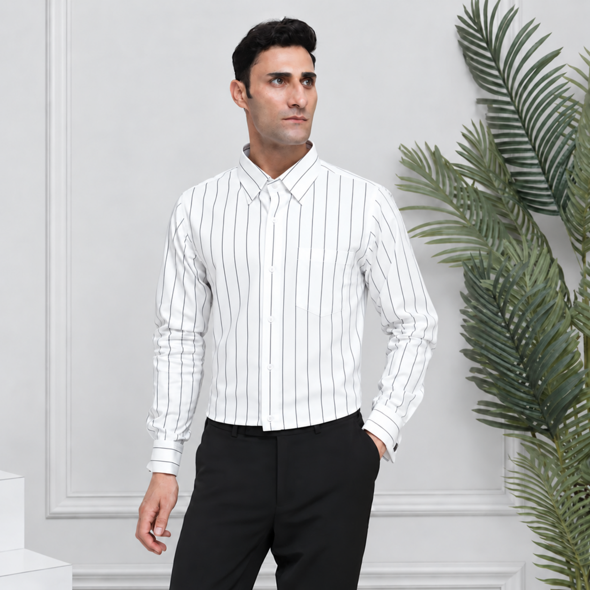 Black-on-White Stripe Egyptian Giza Cotton Formal Shirt for Men – Twill Weave & French Cuffs