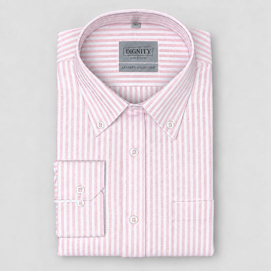 Pink Striped Linen Shirt for Men – White Contrast Button-Down Collar