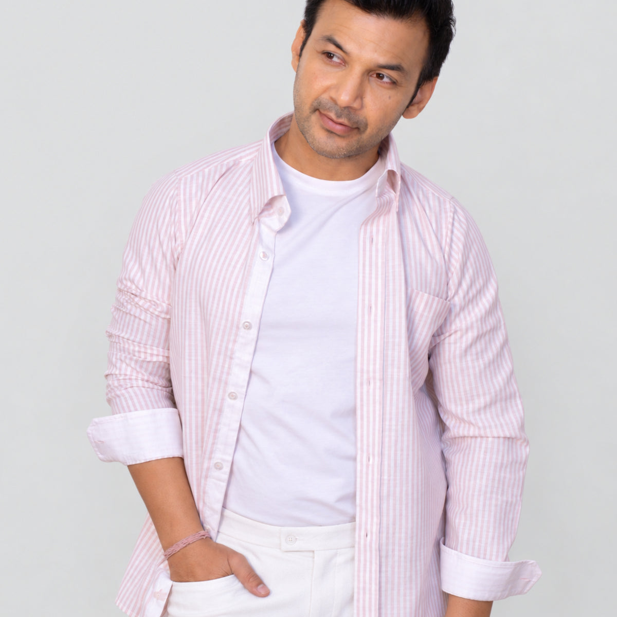 Pink Striped Linen Shirt for Men – White Contrast Button-Down Collar