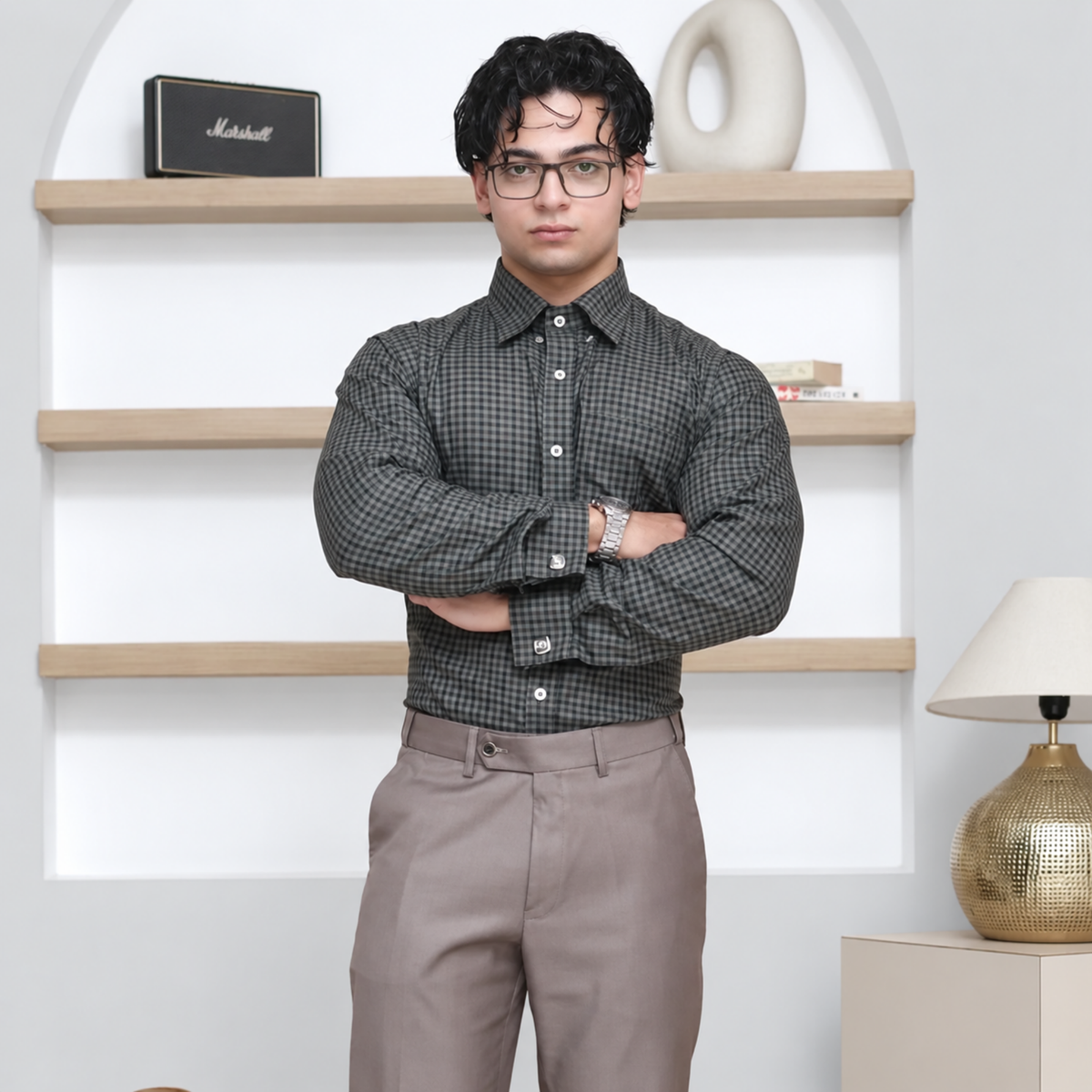 Green & Brown Micro-Check Egyptian Giza Cotton Formal Shirt for Men – Twill Weave & French Cuffs