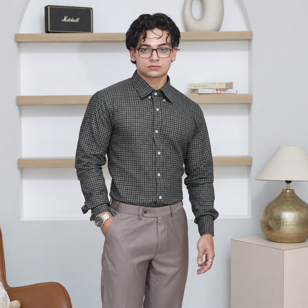 Green & Brown Micro-Check Egyptian Giza Cotton Formal Shirt for Men – Twill Weave & French Cuffs