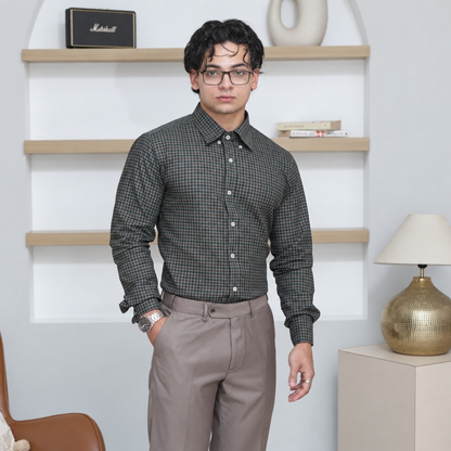 Green & Brown Micro-Check Egyptian Giza Cotton Formal Shirt for Men – Twill Weave & French Cuffs