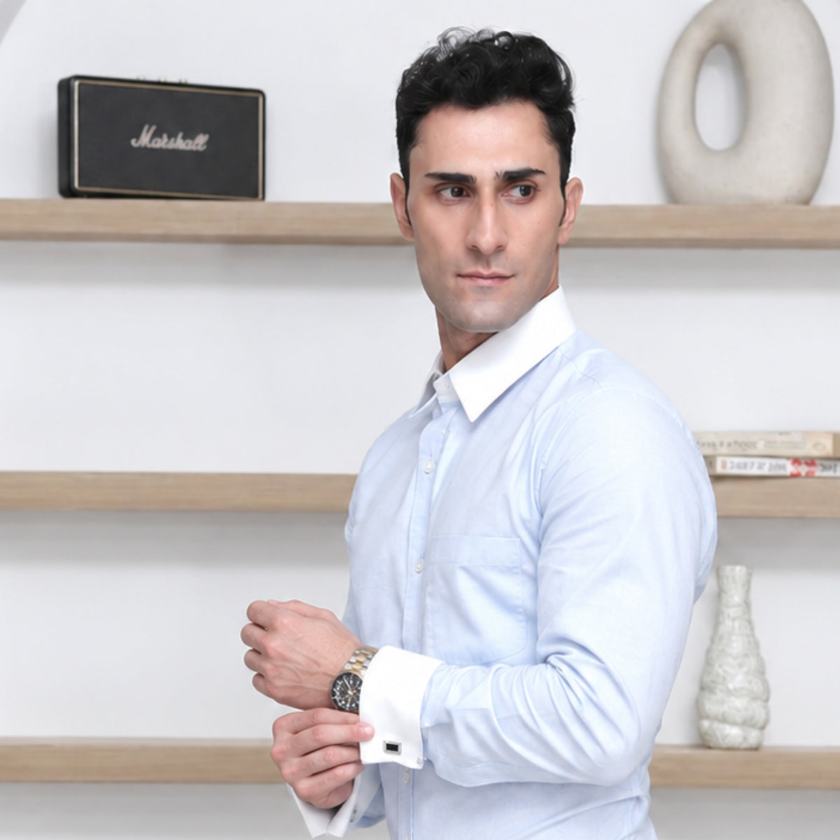 Light Blue Oxford Banker's Shirt for Men – White Contrast Collar & French Cuffs, Giza Cotton
