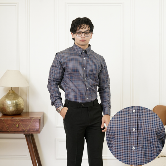 Blue & Brown Micro-Check Premium Luxury Giza Cotton - French Cuff
