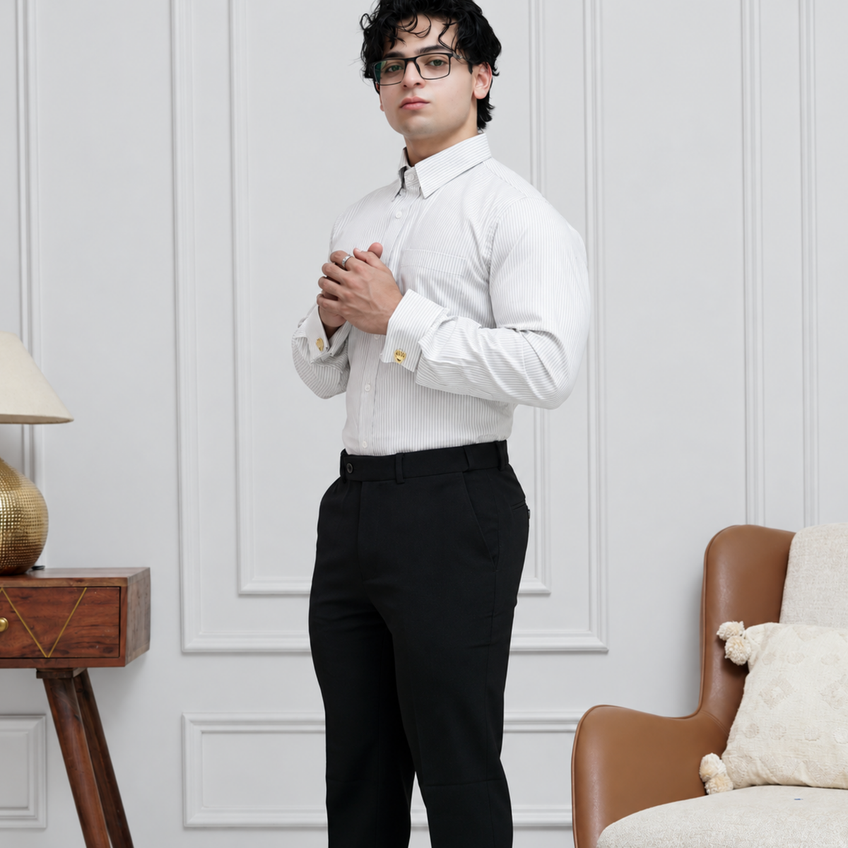 Grey Stripe Egyptian Giza Cotton Formal Shirt for Men – Herringbone Weave & French Cuffs