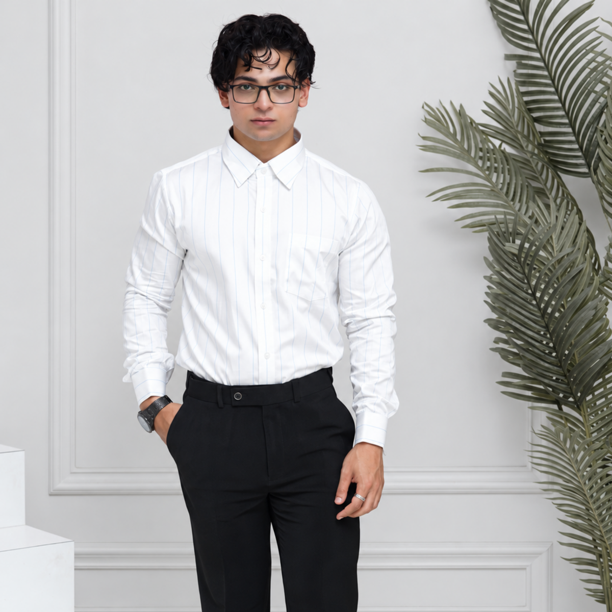 Blue-on-White Stripe Egyptian Giza Cotton Formal Shirt for Men – Twill Weave & French Cuffs