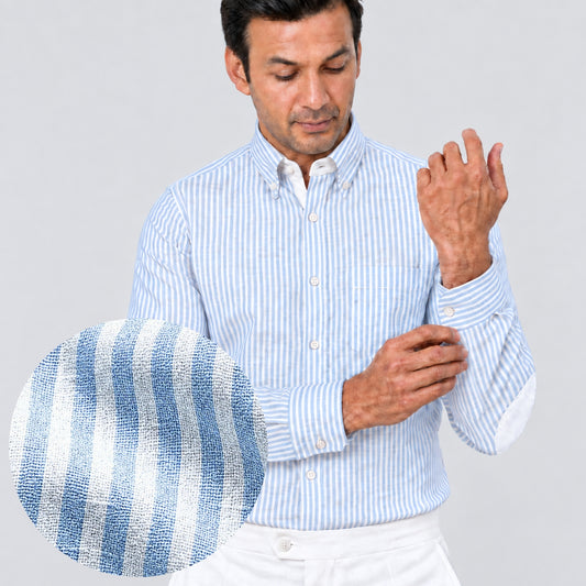 Light Blue Striped Linen Shirt for Men – White Contrast Button-Down Collar
