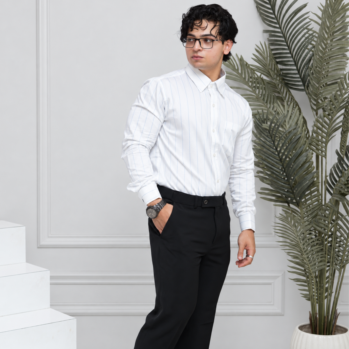 Blue-on-White Stripe Egyptian Giza Cotton Formal Shirt for Men – Twill Weave & French Cuffs
